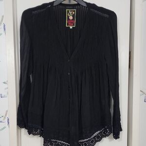 Johnny Was Black Lace Trim Blouse